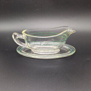 Vintage JP Pyrex England Small Gravy Boat Base Clear Glass Green Band Flake Chip